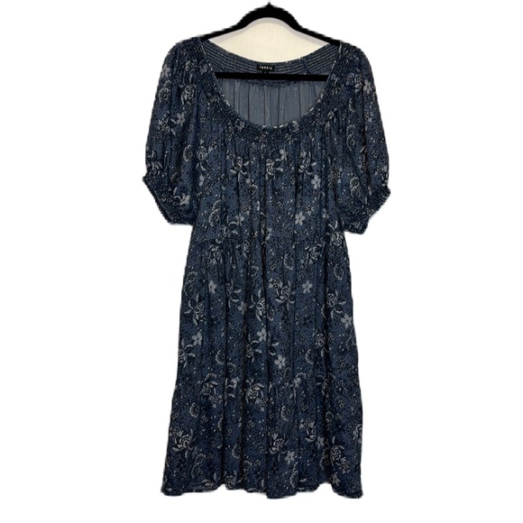 torrid Dresses & Skirts - Torrid Blue Floral Mini Chambray Puff Sleeve Smocked Dress Size 1